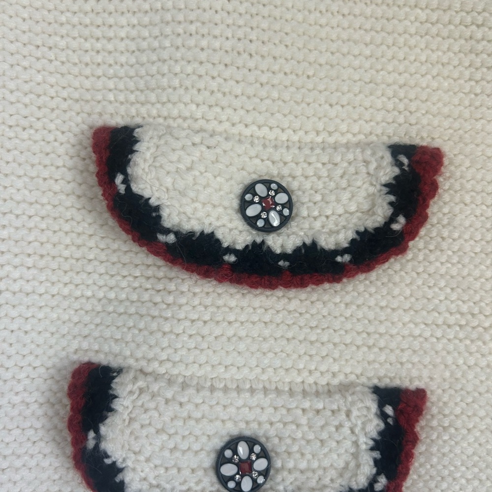Cream Knit Cardigan with Red and Black Trim Diamond buttons size M - Picture 3 of 4
